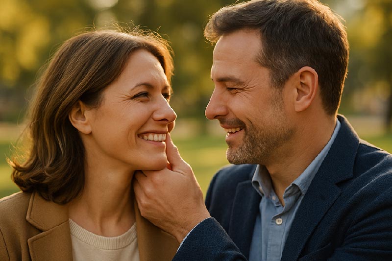 Magische Berührung zwischen einem verliebten Paar mittleren Alters.